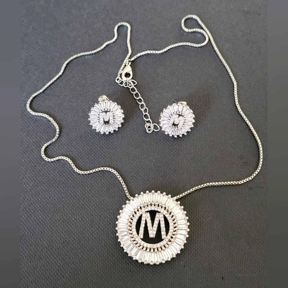 M Initial Silver Necklace and Earring Set